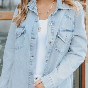 Light Wash Distressed Denim Long Jacket
